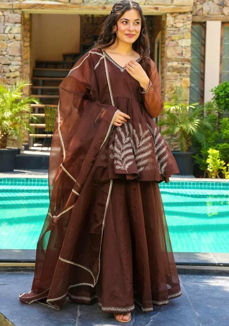 Brown Embroidery Blended Kurta Set - Indya