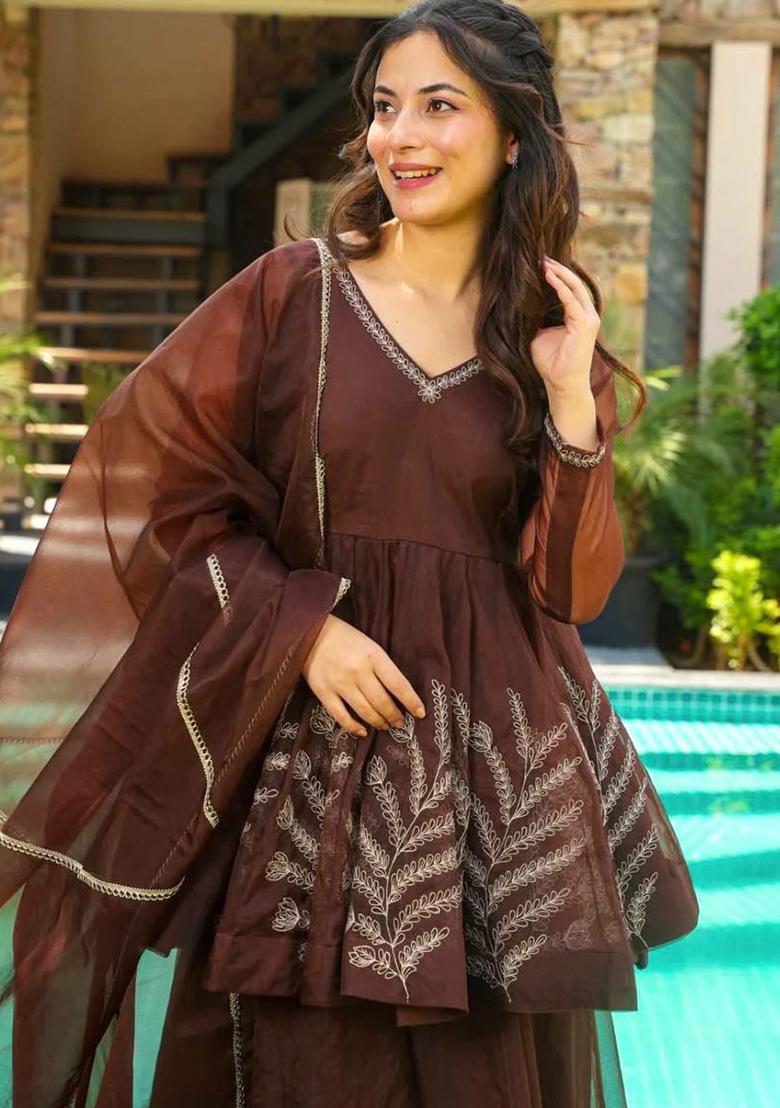 Brown Embroidery Blended Kurta Set - Indya