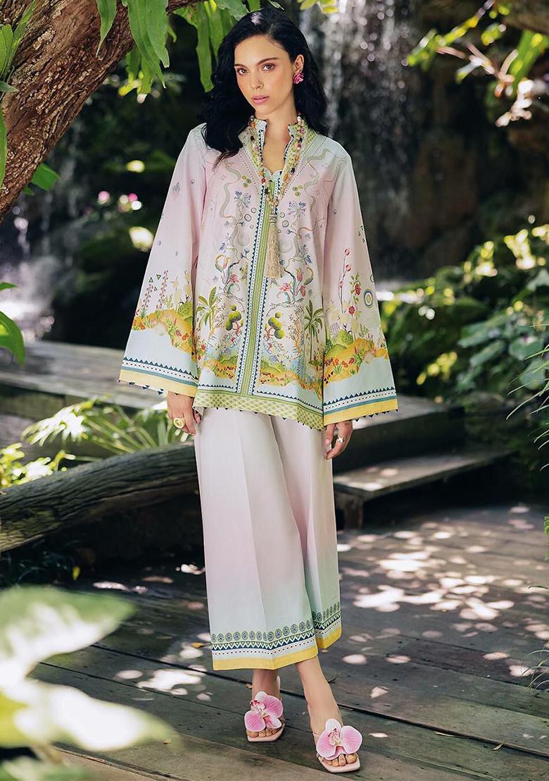 Pink Printed Blended Kurta Set - Indya