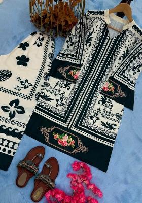Off White Printed Blended Kurta Set