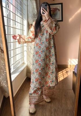 Off White Printed Blended Kurta Set