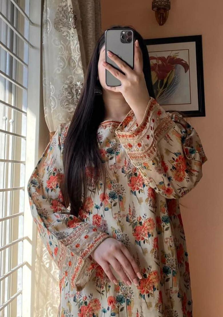 Off White Printed Blended Kurta Set - Indya