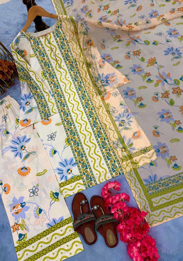 White Printed Blended Kurta Set - Indya