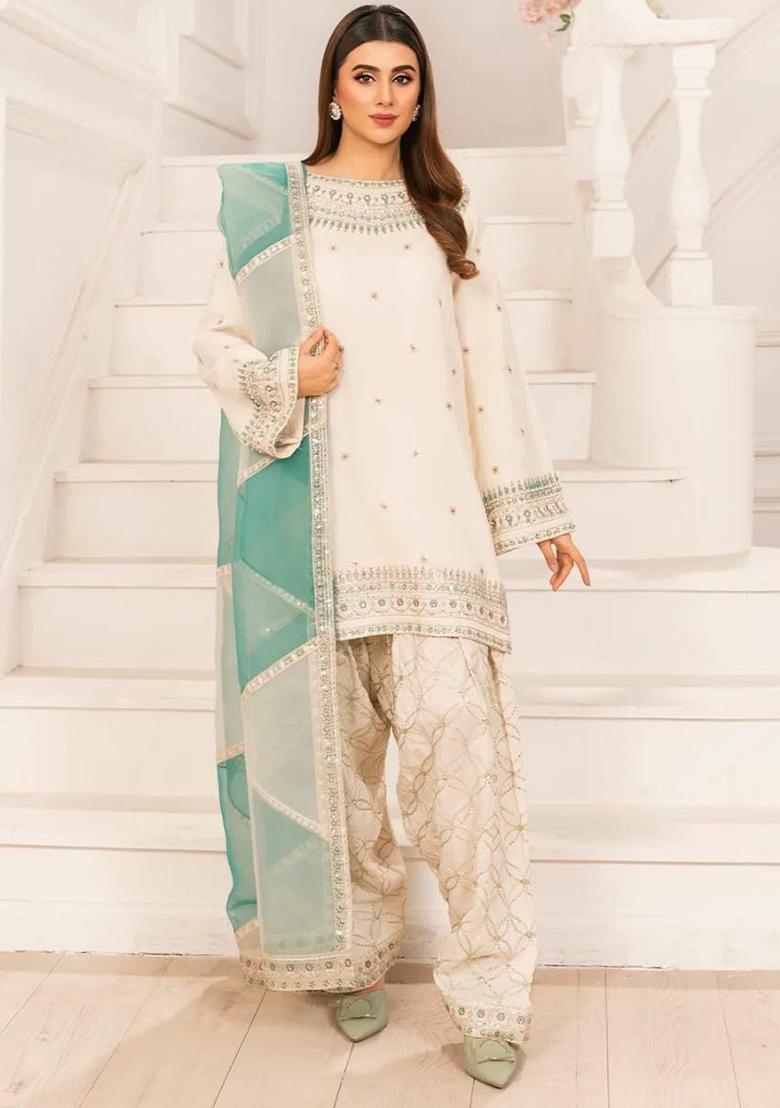 White Embroidery Blended Kurta Set - Indya
