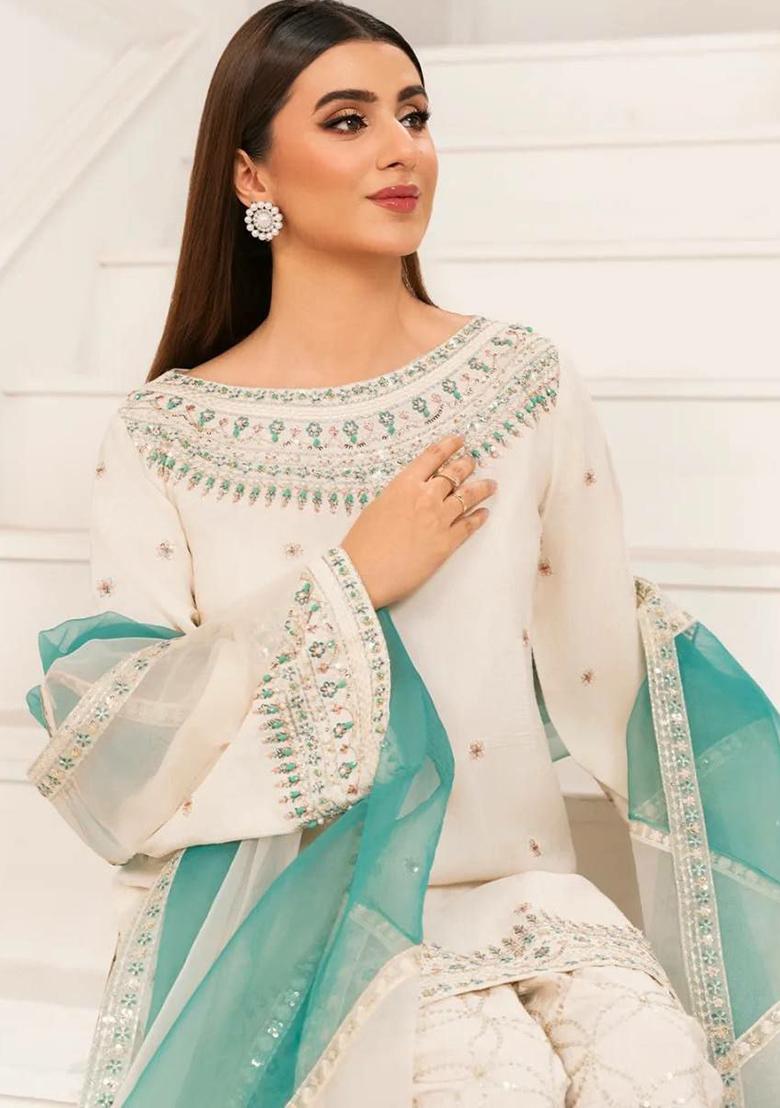 White Embroidery Blended Kurta Set - Indya