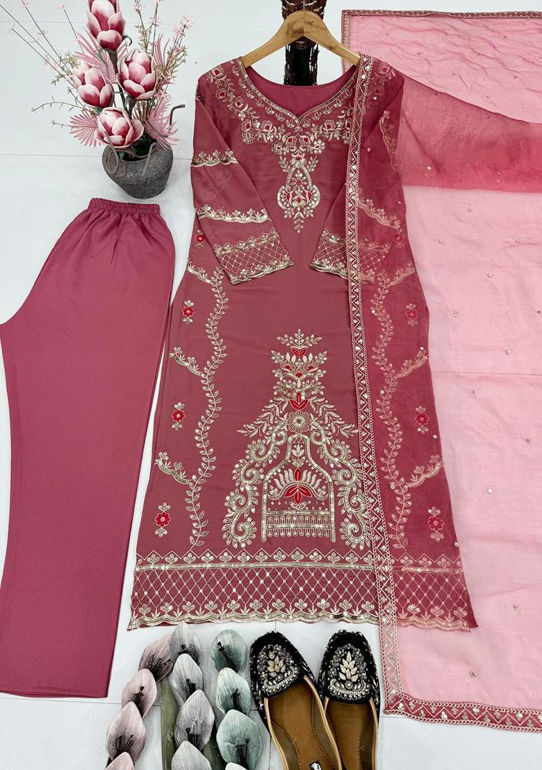 Red Embroidery Blended Kurta Set - Indya