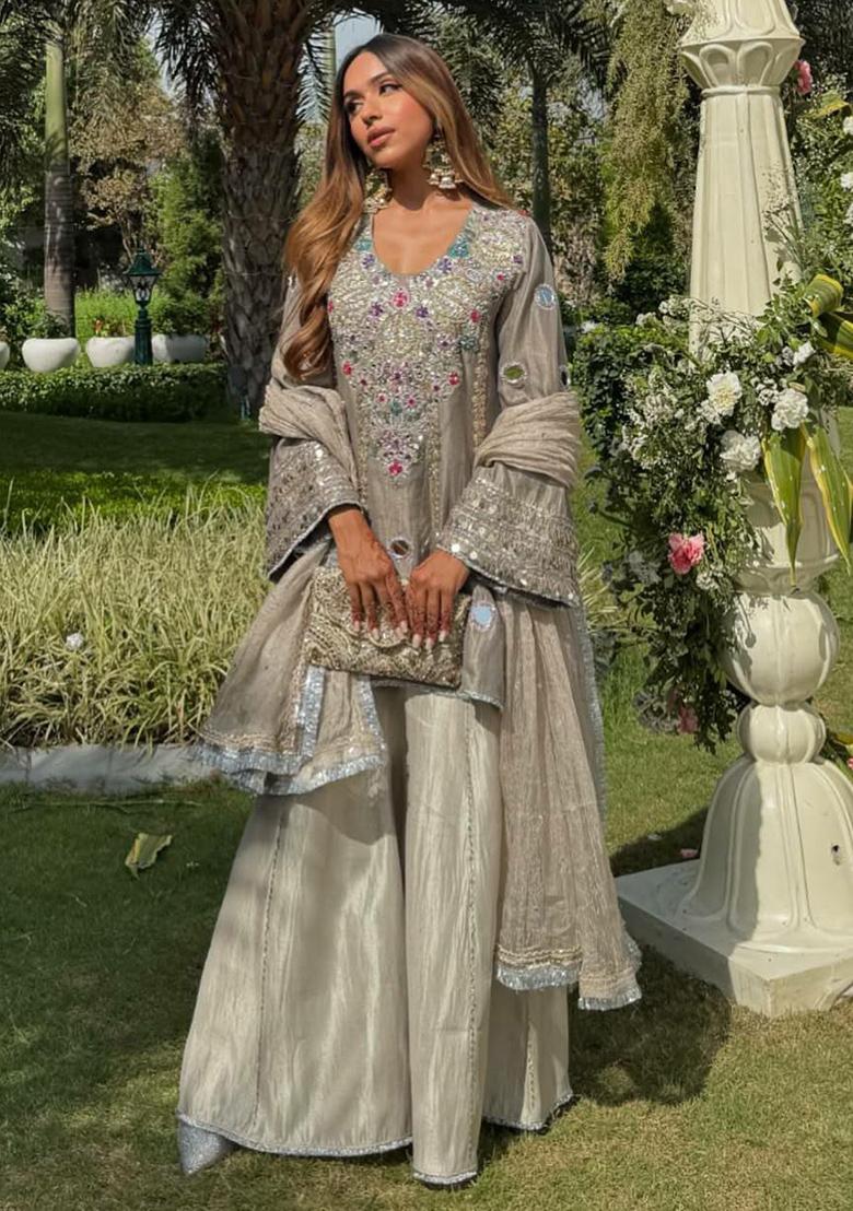 White Embroidery Blended Kurta Set - Indya