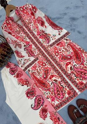 Off White Printed Blended Kurta Set
