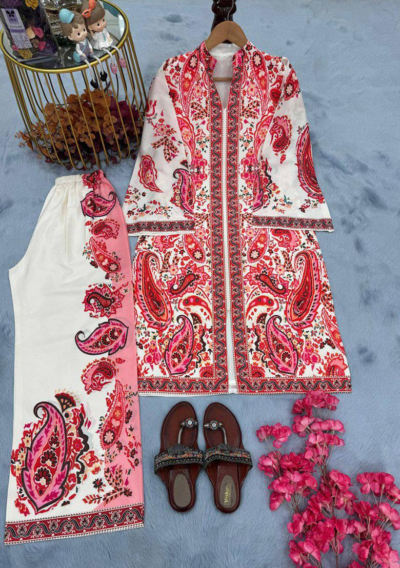 Off White Printed Blended Kurta Set - Indya
