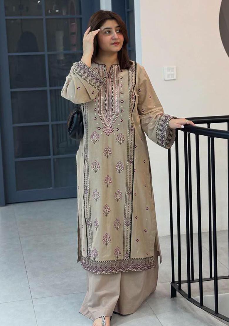 Brown Embroidery Blended Kurta Set - Indya