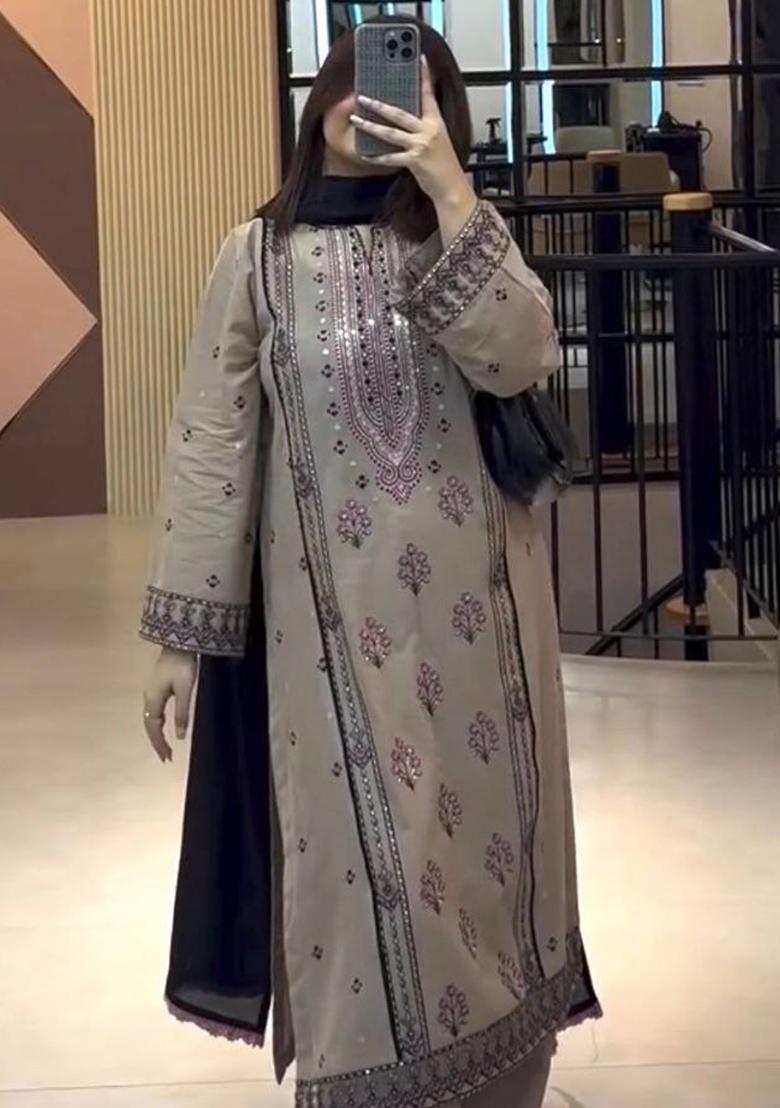 Brown Embroidery Blended Kurta Set - Indya