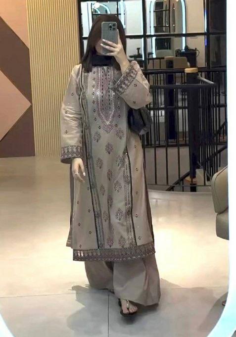 Brown Embroidery Blended Kurta Set