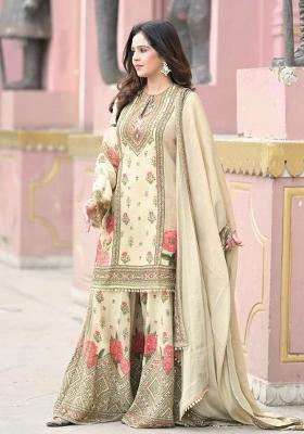 Off White Printed Blended Kurta Set