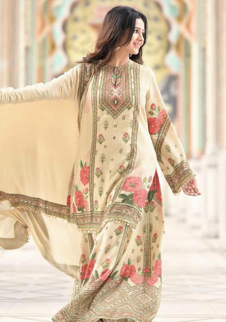 Off White Printed Blended Kurta Set - Indya