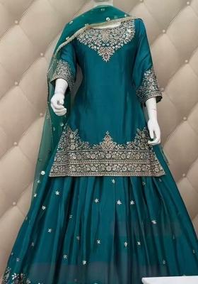 Blue Embroidery Blended Kurta Set