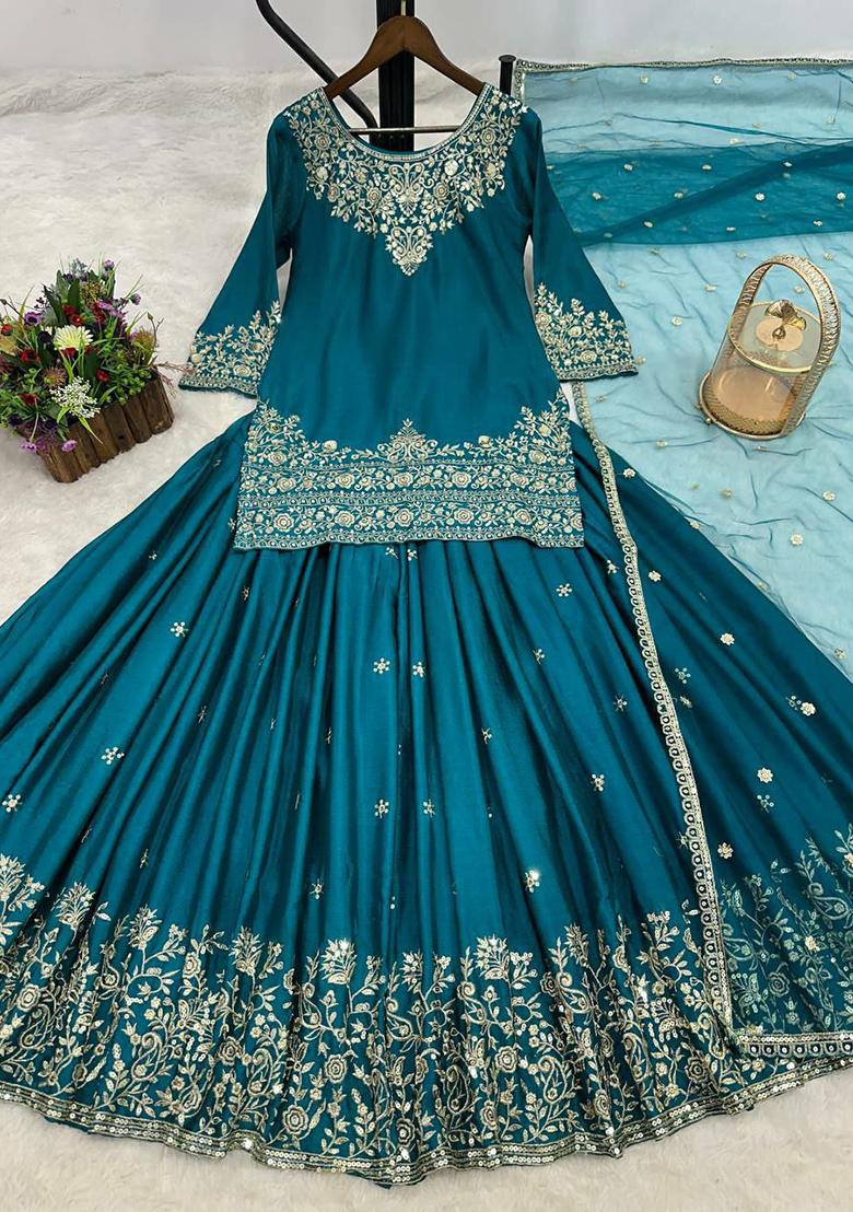 Blue Embroidery Blended Kurta Set - Indya