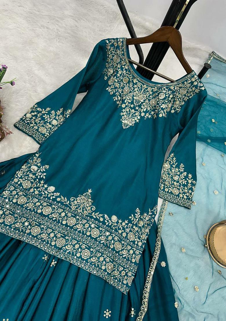 Blue Embroidery Blended Kurta Set - Indya