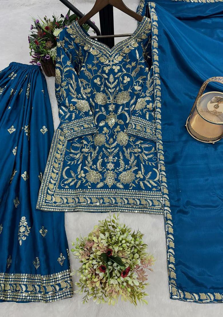 Blue Embroidery Blended Kurta Set - Indya