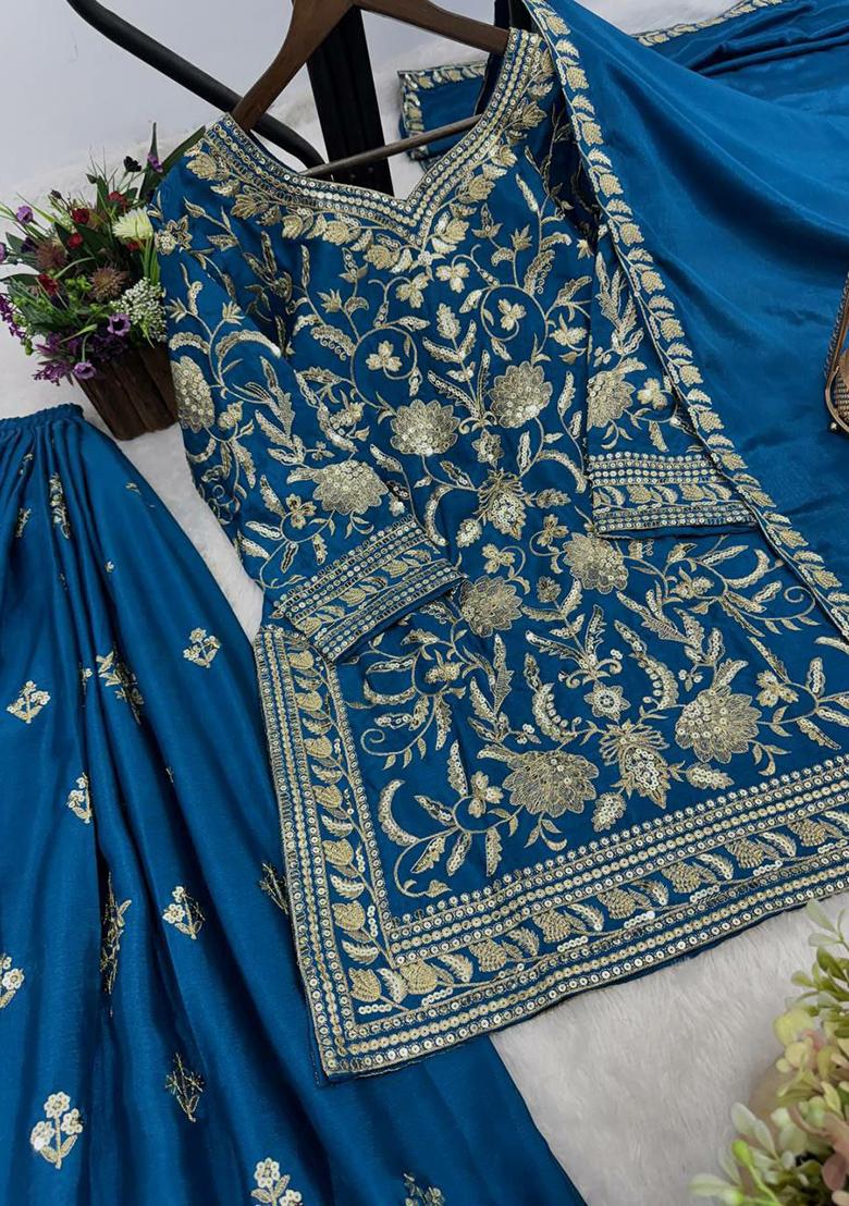 Blue Embroidery Blended Kurta Set - Indya