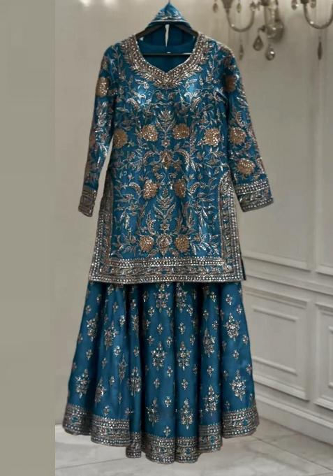 Blue Embroidery Blended Kurta Set