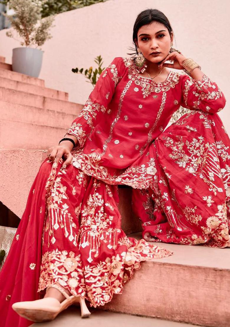 Red Embroidery Blended Kurta Set - Indya