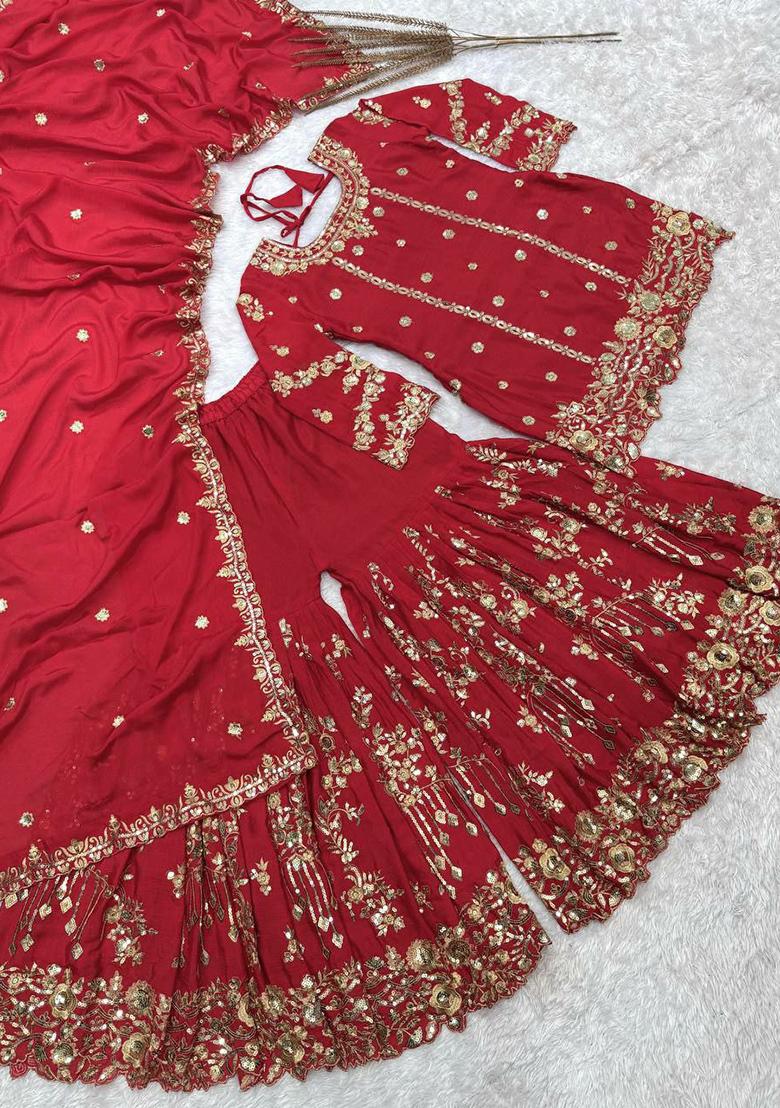 Red Embroidery Blended Kurta Set - Indya