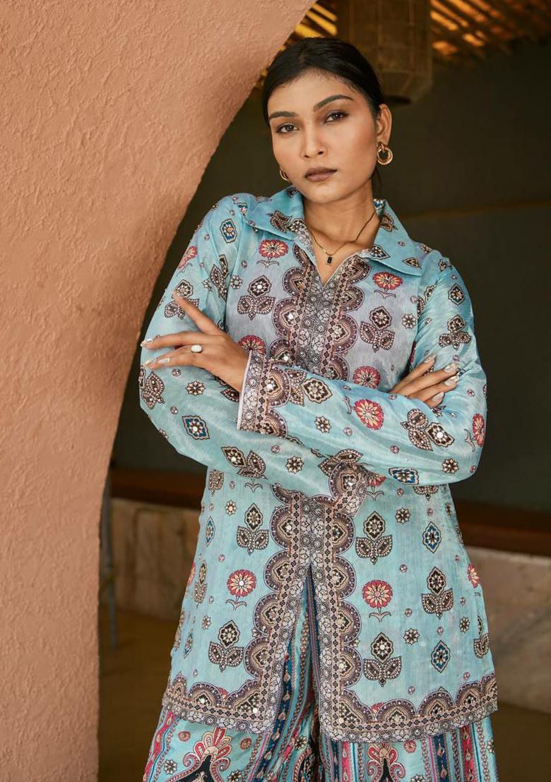 Orange Printed Blended Kurta Set - Indya