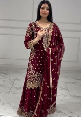 Maroon Embroidery Blended Kurta Set