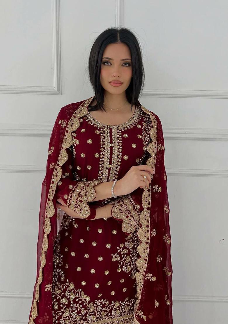 Maroon Embroidery Blended Kurta Set - Indya