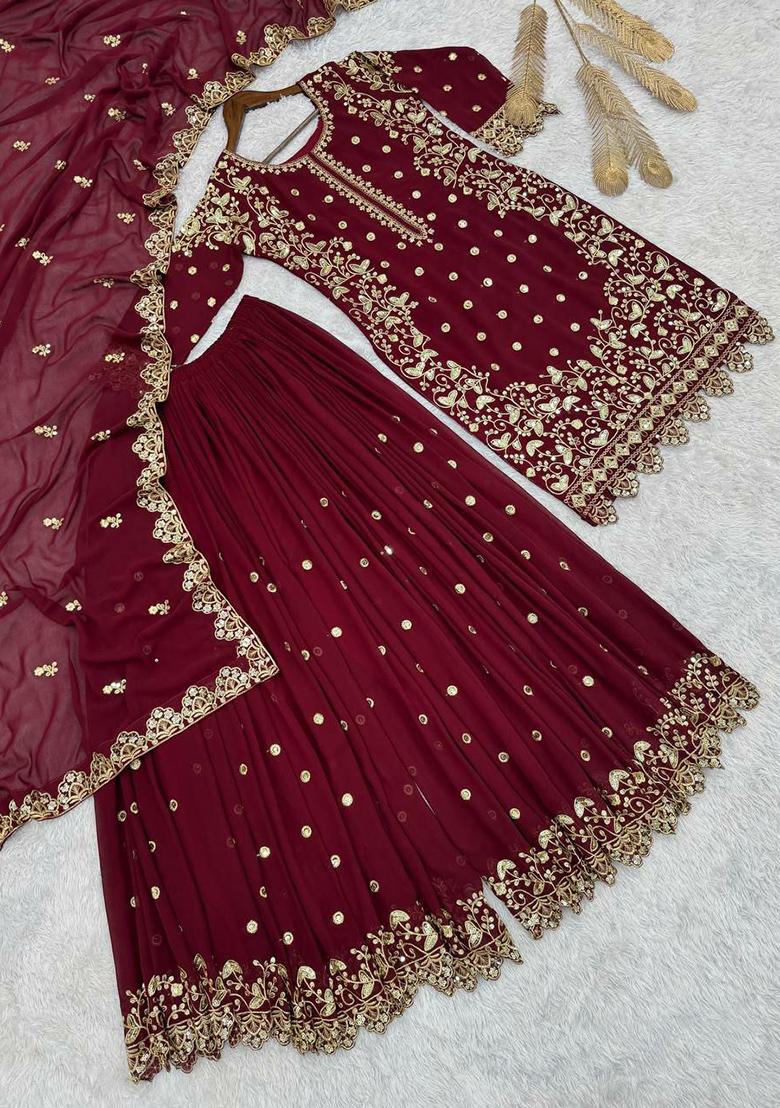 Maroon Embroidery Blended Kurta Set - Indya