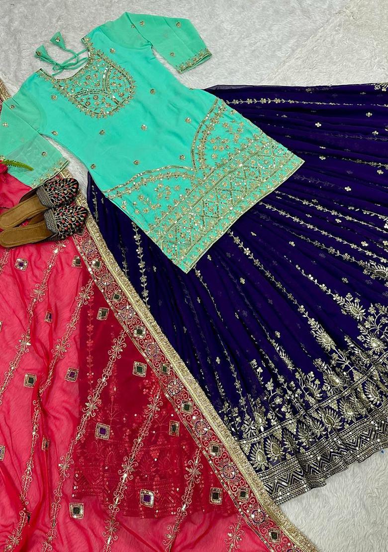 Blue Embroidery Blended Kurta Set - Indya