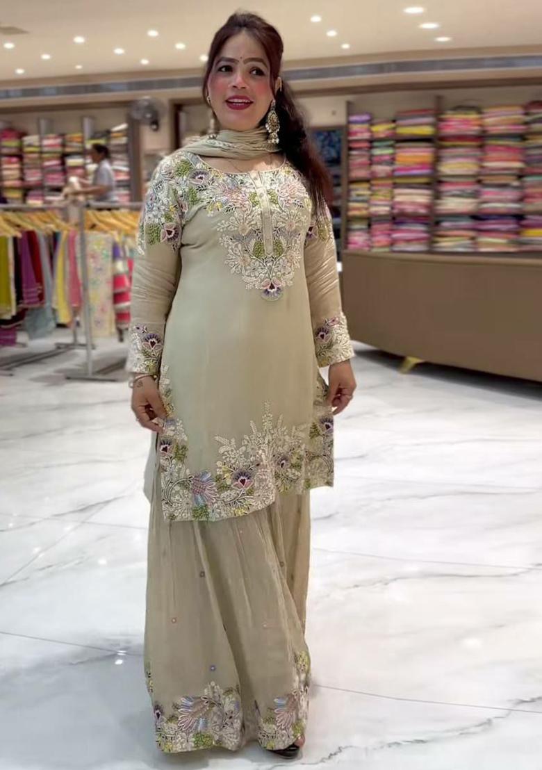 Dusky Cream Embroidery Blended Kurta Set - Indya