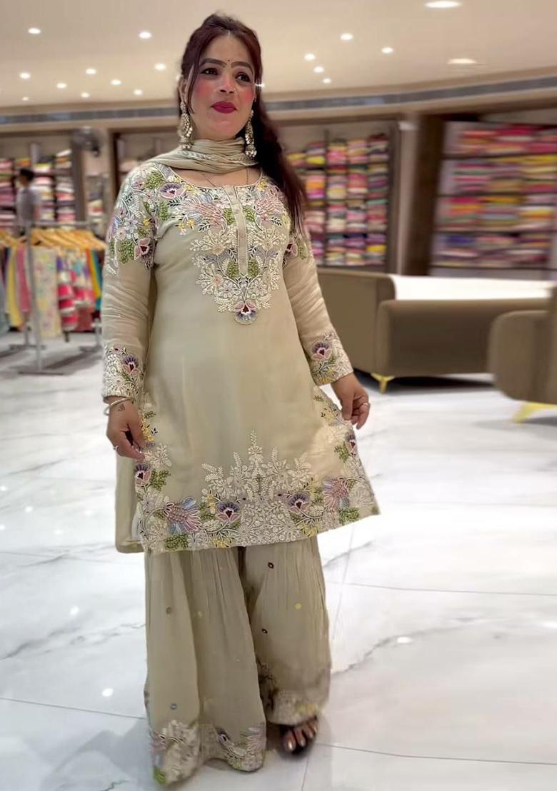 Dusky Cream Embroidery Blended Kurta Set - Indya