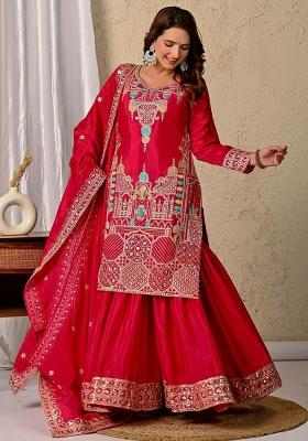 Red Embroidery Blended Kurta Set