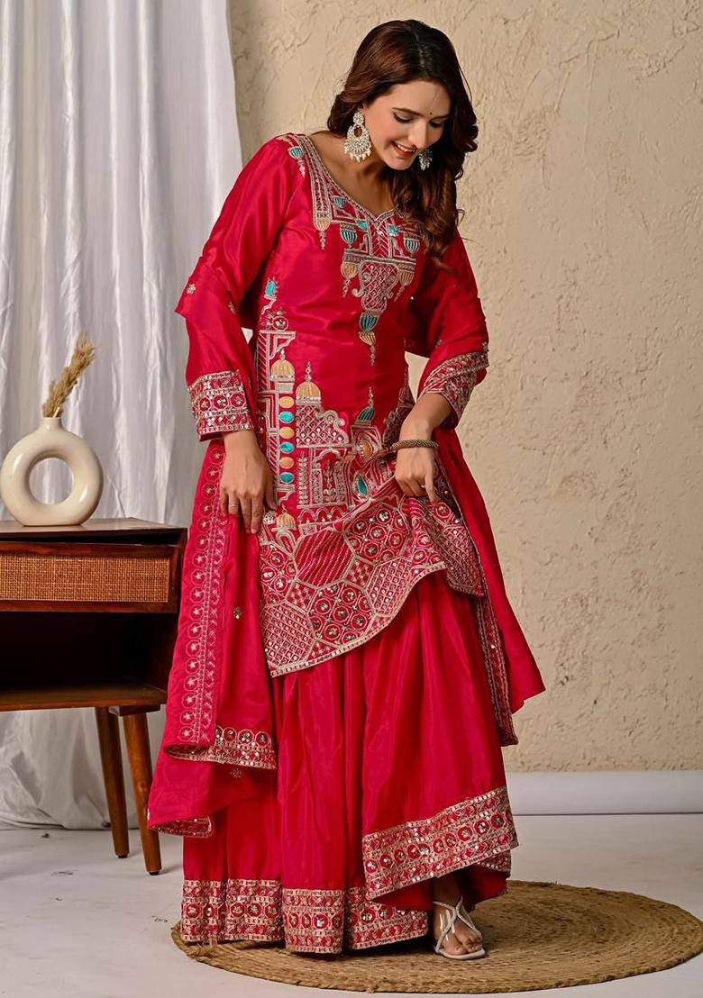 Red Embroidery Blended Kurta Set - Indya