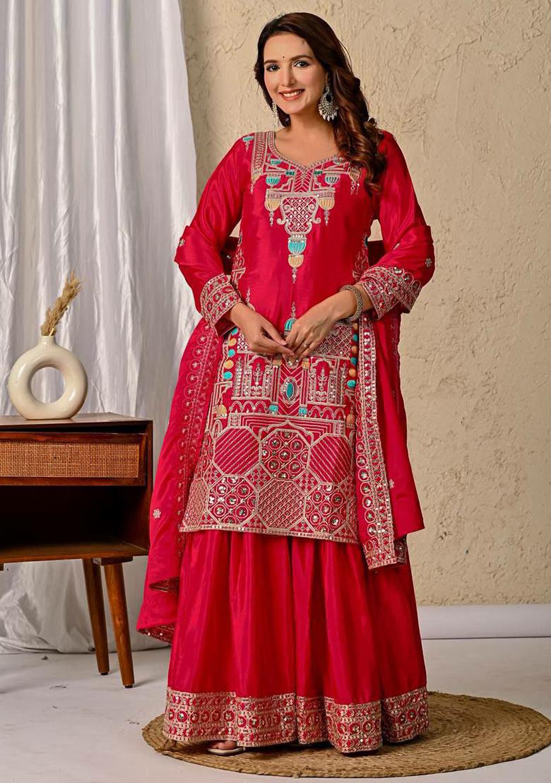 Red Embroidery Blended Kurta Set - Indya
