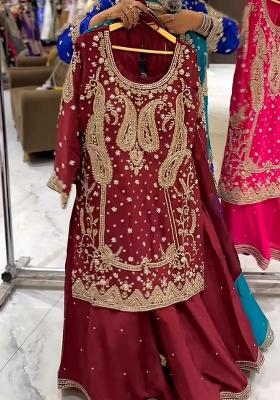 Maroon Embroidery Blended Kurta Set