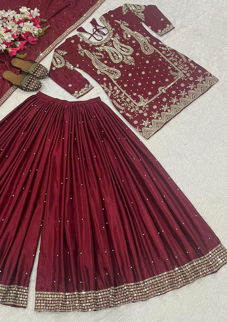 Maroon Embroidery Blended Kurta Set - Indya