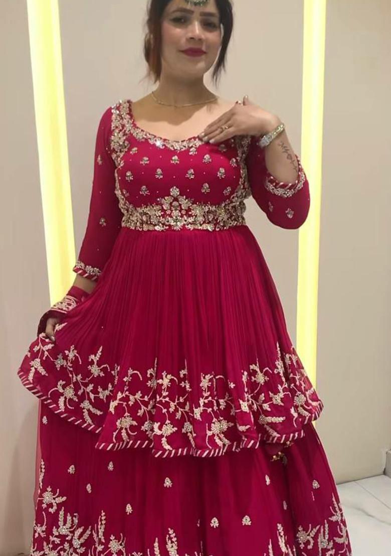 Red Embroidery Blended Kurta Set - Indya