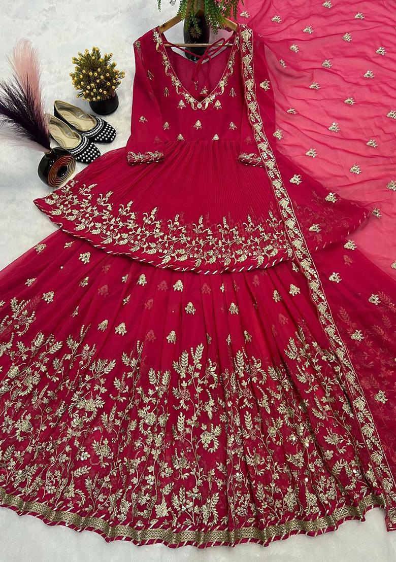 Red Embroidery Blended Kurta Set - Indya