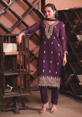 Purple Embroidery Blended Kurta Set