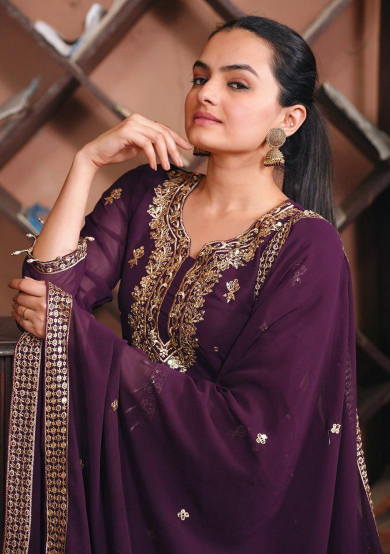 Purple Embroidery Blended Kurta Set - Indya