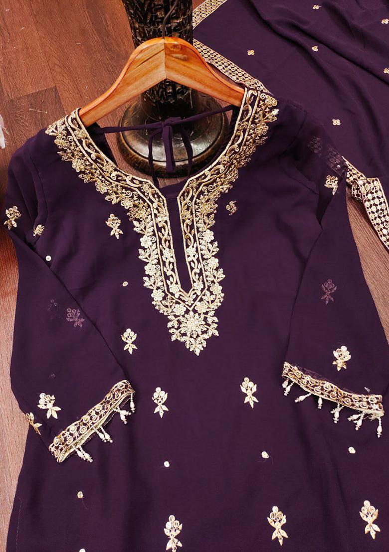 Purple Embroidery Blended Kurta Set - Indya