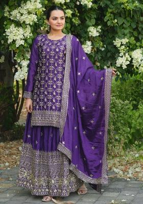 Purple Embroidery Blended Kurta Set