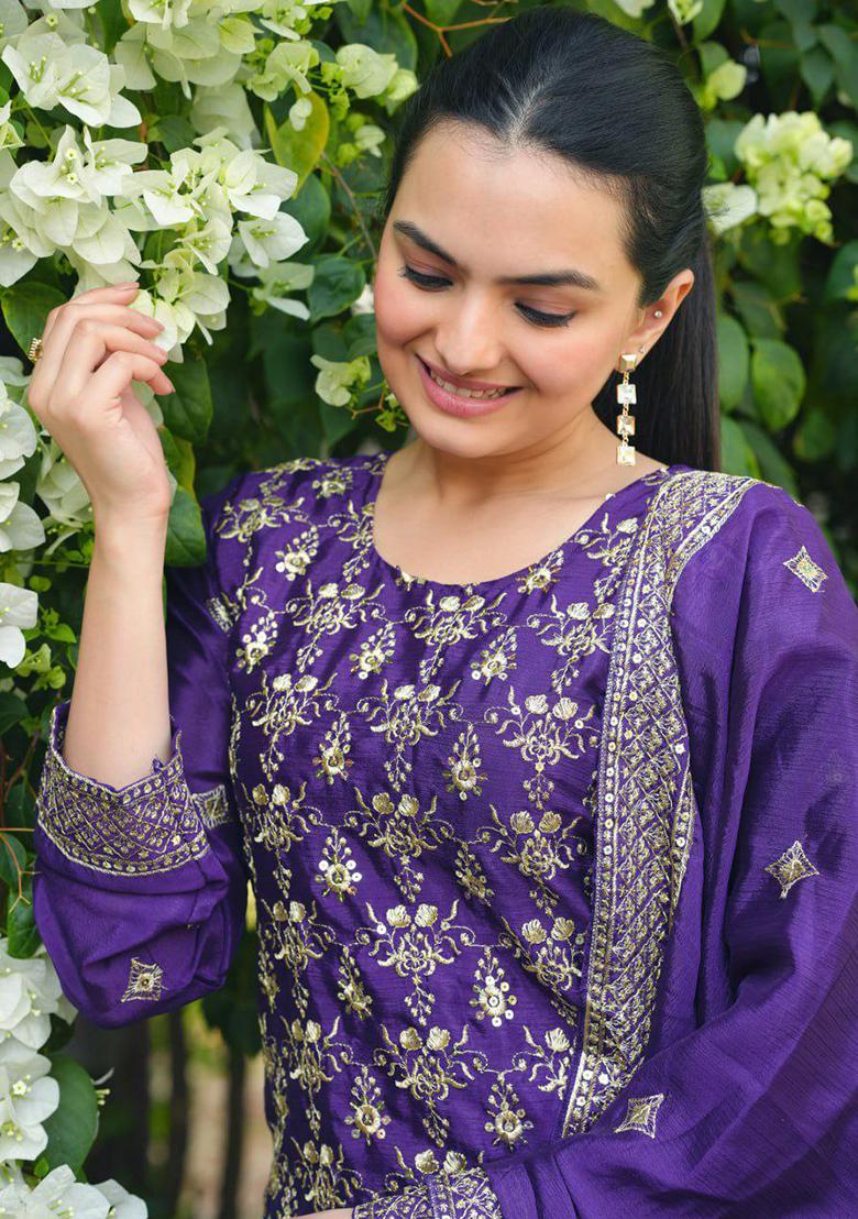 Purple Embroidery Blended Kurta Set - Indya