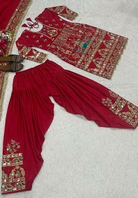 Red Embroidery Blended Kurta Set