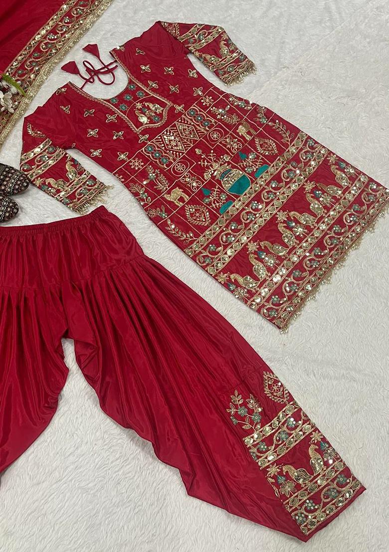 Red Embroidery Blended Kurta Set - Indya