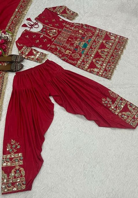 Red Embroidery Blended Kurta Set