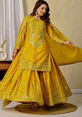 Yellow Embroidery Blended Kurta Set