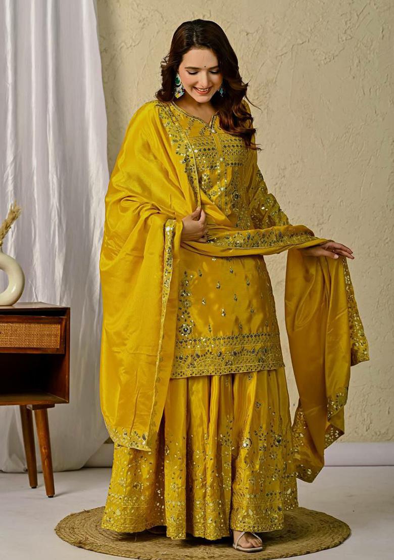 Yellow Embroidery Blended Kurta Set - Indya
